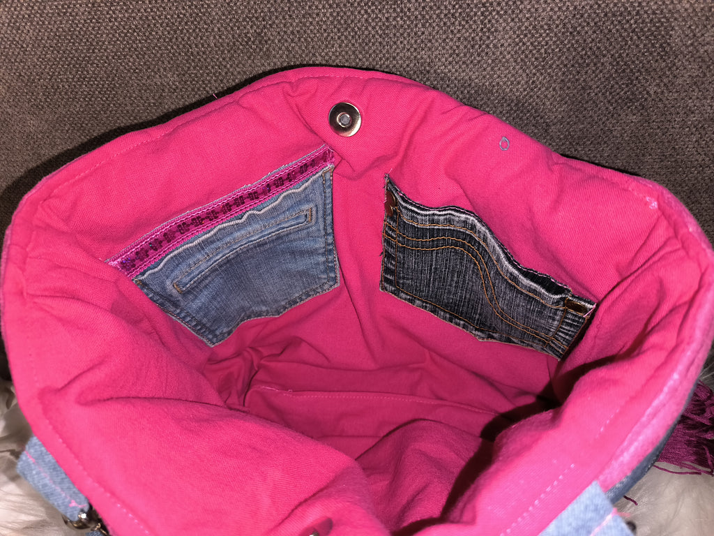 sac upcycling jeans et franges OUPS
